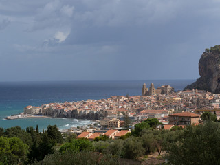 View of the Sicilian town of Cefalù showing the very closely packed houses and the prominent chuch...