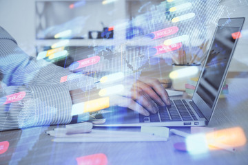 Businessman working on Laptop with technology theme drawing. Concept of big data. Double exposure.