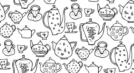 Teapot and Teacups funny drawing. Isolated illustration.