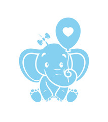 Vector blue sitting baby elephant holding inflatable balloon with heart. Isolated on white background