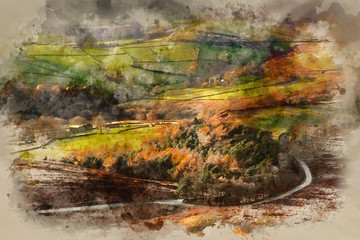 Digital watercolour painting of Beautiful Autumn Fall landscape of Hope Valley from Stanage Edge in Peak District