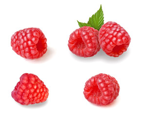 A set of fresh red raspberries. Juicy berries for packaging design and menu. Healthy food.