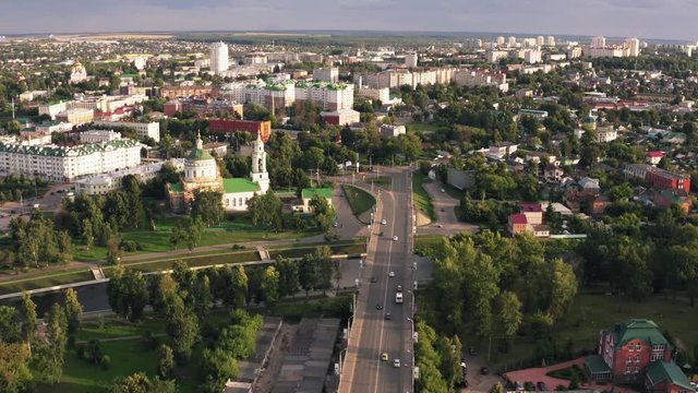 Panoramic aerial view of historic center of Oryol city, Russia with bridge, Oka river, historical buildings and Orthodox temples