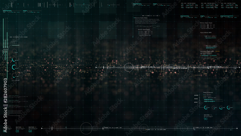 Poster Advance motion graphic futuristic user interface head up display screen with Holographic electromagnetic engine with gravitational fields energy particles wave and digital data telemetry information