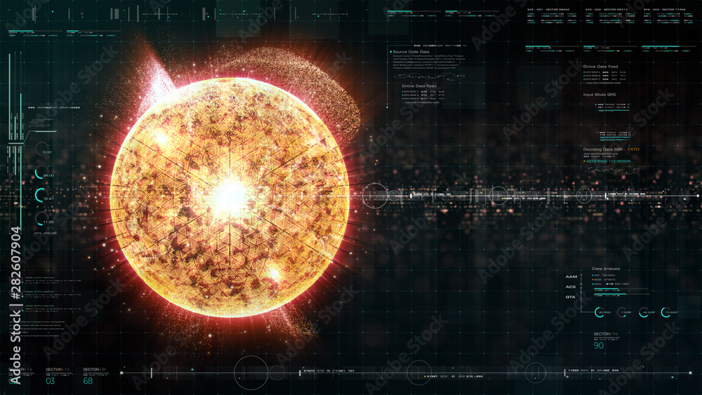 Poster Advance motion graphic futuristic user interface head up display screen with Holographic electromagnetic engine with gravitational fields energy particles wave and digital data telemetry information