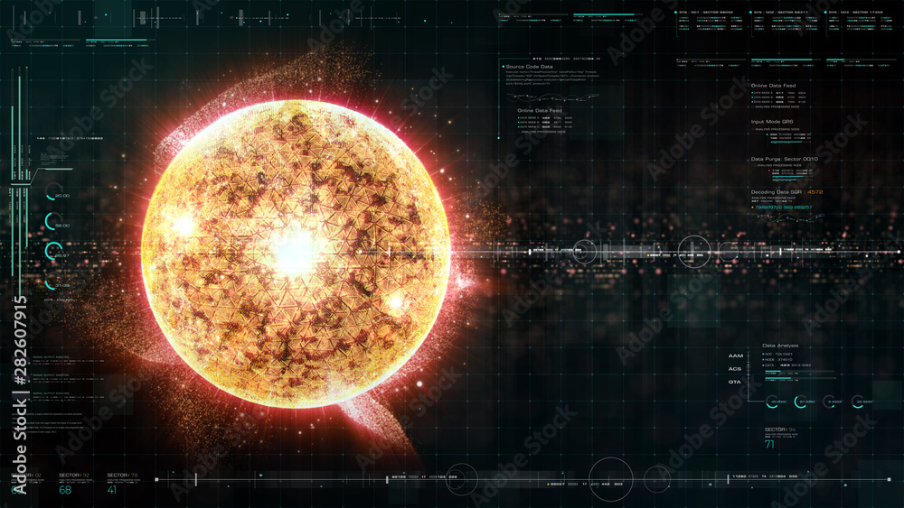 Poster Advance motion graphic futuristic user interface head up display screen with Holographic electromagnetic engine with gravitational fields energy particles wave and digital data telemetry information
