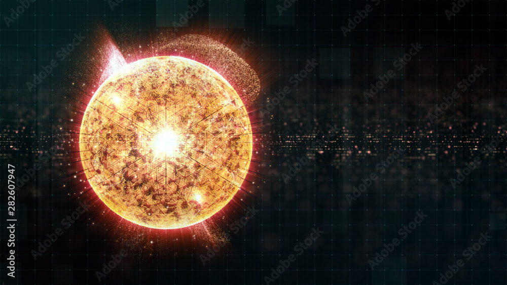 Poster Advance motion graphic futuristic user interface head up display screen with Holographic electromagnetic engine with gravitational fields energy particles wave and digital data telemetry information