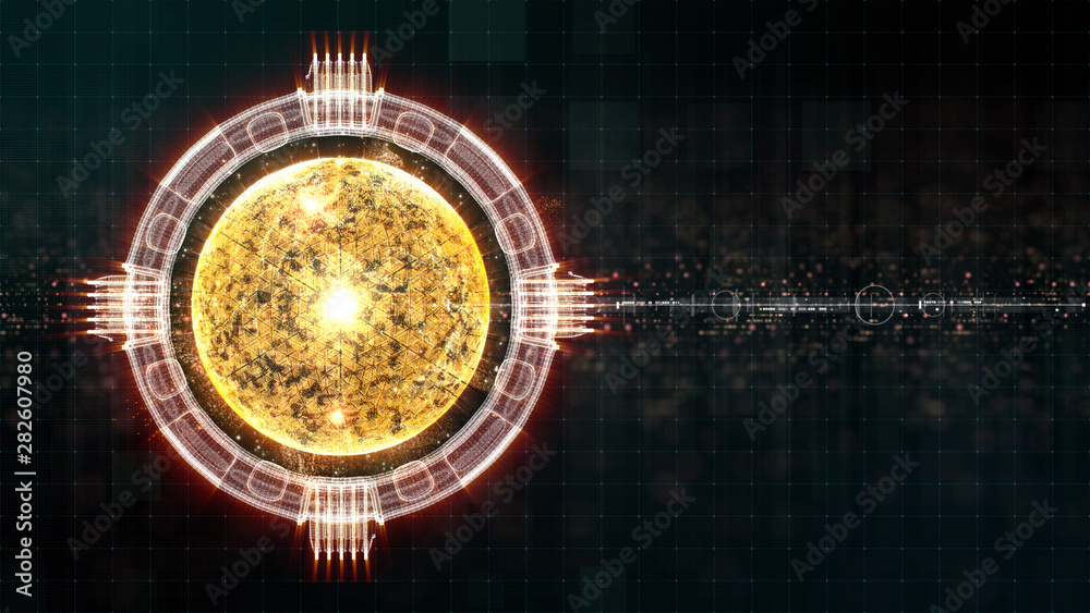 Aufkleber Advance motion graphic futuristic user interface head up display screen with Holographic electromagnetic engine with gravitational fields energy particles wave and digital data telemetry information