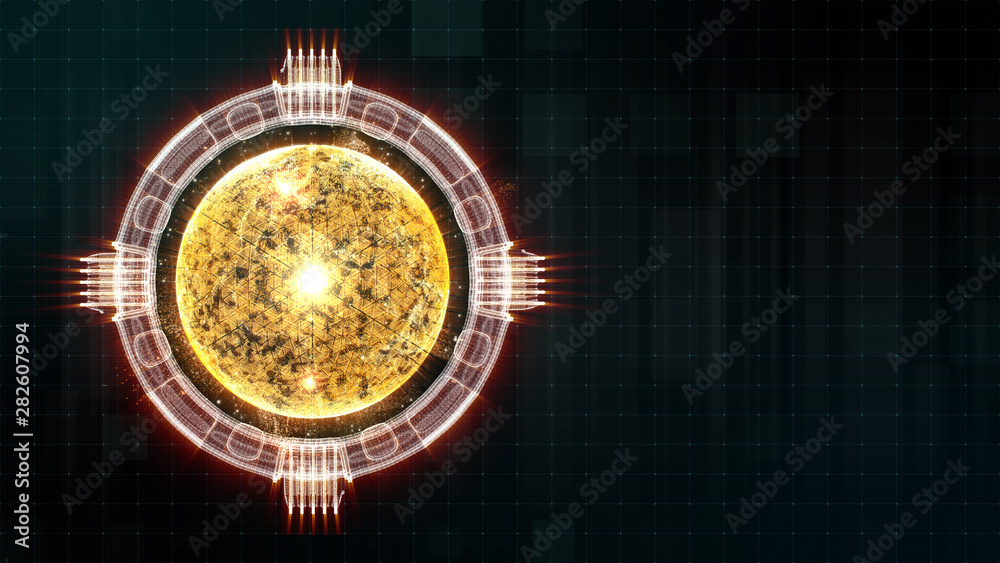 Aufkleber Advance motion graphic futuristic user interface head up display screen with Holographic electromagnetic engine with gravitational fields energy particles wave and digital data telemetry information