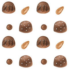 Sweet seamless pattern with chocolate candies. Watercolor illustration for any event decoration, white background, path included