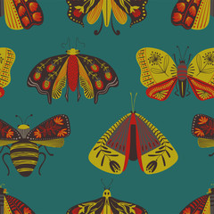 Folk Art Seamless Pattern With Moths.