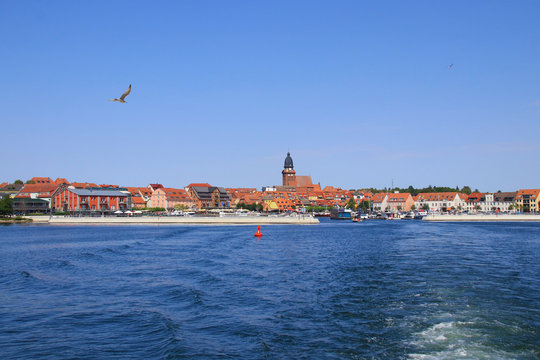 View to Waren with skyline, seagull and Marina, Lake Mueritz, Mecklenburg Lake Plateau, Germany