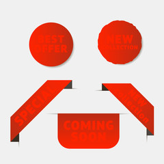 Discount banner promotion template. Vector badges and labels isolated on gray background. Sale tags collection. White ribbon and banner with Special, New, Coming Soon, Best Offer text. Stock vector