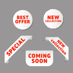 Discount banner promotion template. Vector badges and labels isolated on gray background. Sale tags collection. White ribbon and banner with Special, New, Coming Soon, Best Offer text. Stock vector