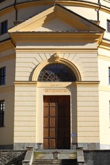 San Bernardino village, Switzerland. Main door of the San Bernardino da Siena church.
