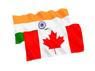 National fabric flags of Canada and India isolated on white background. 3d rendering illustration. Proportion 1:2