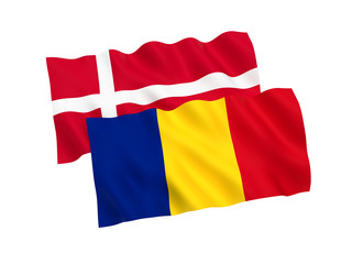 National fabric flags of Romania and Denmark isolated on white background. 3d rendering illustration. Proportion 1:2