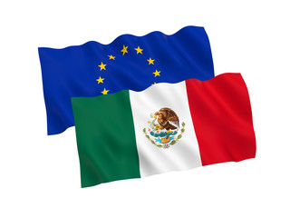 National fabric flags of Mexico and European Union isolated on white background. 3d rendering illustration. 1 to 2 proportion.