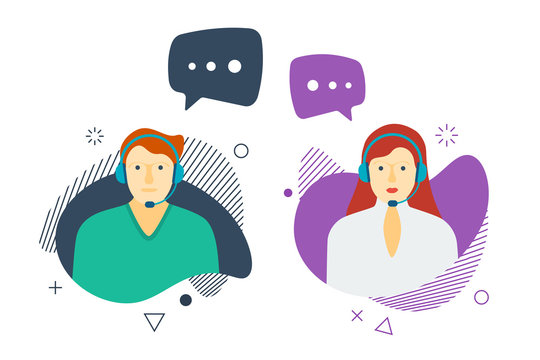 Call center customer online help service icon set. Male and female online assistant working in headphones and speech bubbles. Support character operator colorful vector illustration