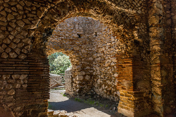 Italy, Capri, view and details of the archaeological remains of the ancient Roman villa Jovis of the Emperor Augustus