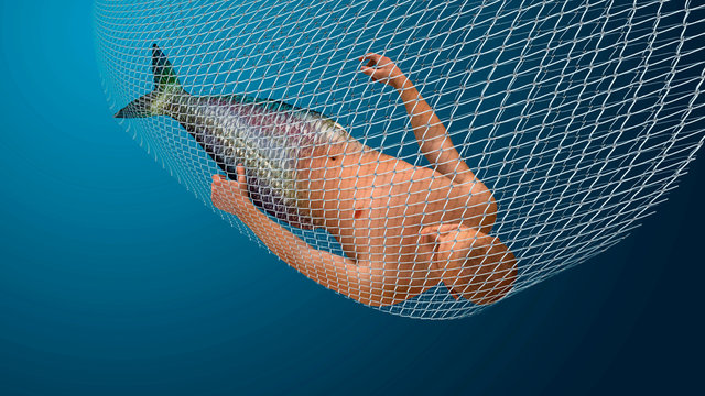merman cought in a fish net.