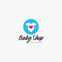 Baby shop logo design vector. Kids store illustration symbol. Toys shop logo sign. Children, baby, cloth, baby basket vector icons. Full colors sign.