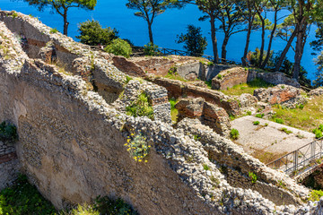 Italy, Capri, view and details of the archaeological remains of the ancient Roman villa Jovis of...