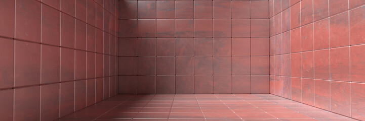 Empty room, floor and walls tiled pattern, Metal red color background texture. 3d illustration