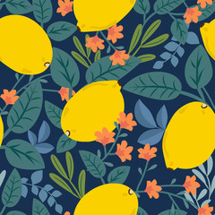 Tropical summer fruit seamless pattern. Citrus on a dark background. Hand drawing vector illustration. Lemons. Floral print with leaves and flowers. Original modern design