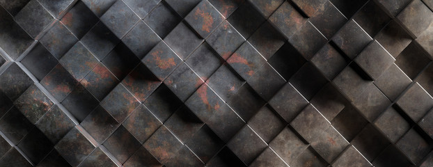 Industrial metal rusty background texture, Cube shape elements pattern. 3d illustration