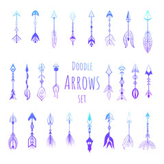 Doodle boho arrows vector set, hand drawn holographic icons.