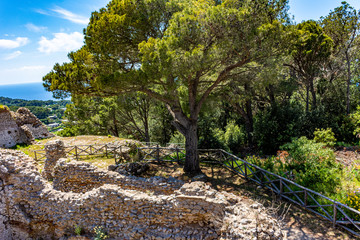 Italy, Capri, view and details of the archaeological remains of the ancient Roman villa Jovis of...