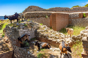 Italy, Capri, view and details of the archaeological remains of the ancient Roman villa Jovis of...
