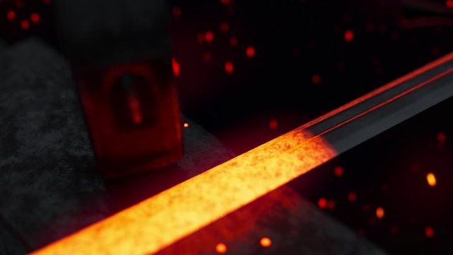 Forging a sword in the smithy with burning ash particles on backgrond.