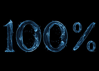 Number 100 and percent sign made with a splash of water on a black background