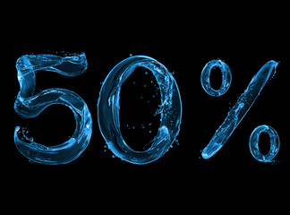 Number 50 and percent sign made with a splash of water on a black background
