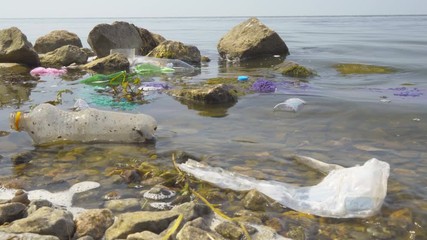Old trash on the surface of the river 