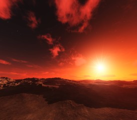Red planet surface at sunset, Martian landscape