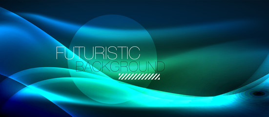 Glowing abstract wave on dark, shiny motion, magic space light. Techno abstract background