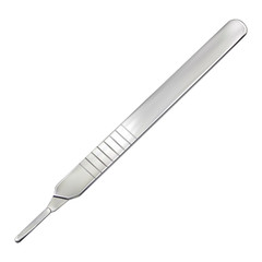 Scalpel handle with removable blade. Surgical demountable reusable metal scalpel. Medical instruments and equipment. Isolated realistic illustration. Vector