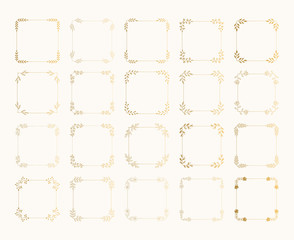 Set of hand drawn golden squared frames. Rustic glitter wedding design.Vector gold foil isolated illustration.