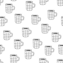 Seamless pattern with coffee and tea mugs. Repeat doodle background.