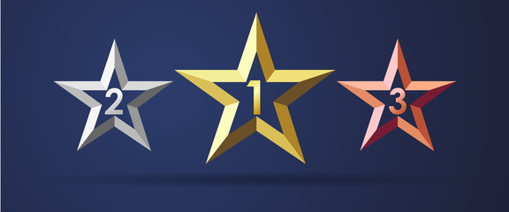 Obraz premium Golden, silver and bronze stars rating realistic 3D icon. 1, 2, 3 star facet symbols, sport rank sign template on dark background. Vector illustration