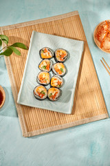Korean roll Gimbap(kimbob) made from steamed white rice (bap) and various other ingredients