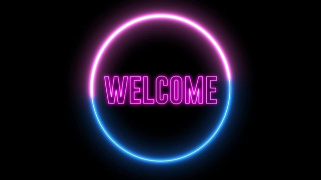 Text of "WELCOME" with neon, glowing light. Futuristic signboard with creative abstract element. 