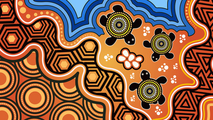 Aboriginal dot art vector painting with turtle.