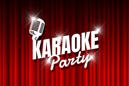 Karaoke party night live show open mike sign on empty theatre stage with spotlight. Vintage microphone against red curtain drape backdrop. Retro mic vector music nightlife event illustration
