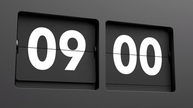 Nine o'clock. Time to work. A flip clock calendar turns slowly from 08:59 to 09:00. Ultra slow motion. High quality 3d animation.