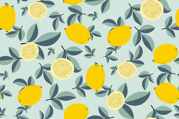 Tropisches nahtloses Muster mit gelben Zitronen. Wiederholter Hintergrund der Frucht. Vektorheller Druck für Stoff oder Tapete. Handzeichnungsillustration in Pastellfarben. Perfektes Design