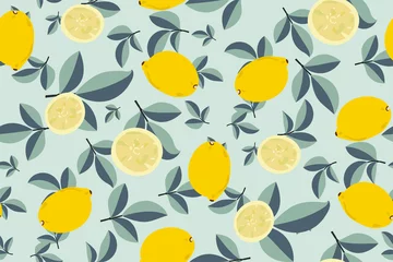 Wallpaper murals Lemons Tropical seamless pattern with yellow lemons. Fruit repeated background. Vector bright print for fabric or wallpaper. Hand drawing illustration in pastel colours. Perfect design